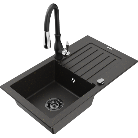 Mexen Pablo granitový dřez s 1 komorou a odkapávačem a kuchyňskou baterií Savita, černý/zlatý metalik - 6510-75-672601-70-B