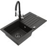 Mexen Pablo granitový jednodřez s odkapávačem a kuchyňskou baterií Savita, černý/zlatý metalický - 6510-75-672601-70-B