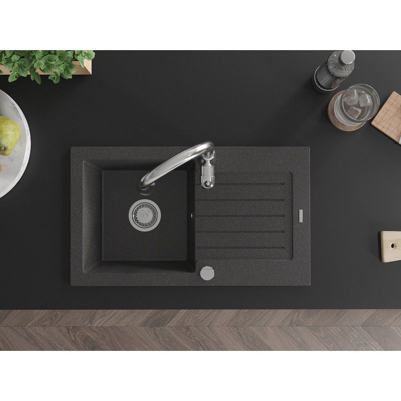 Mexen Pablo granitový dřez 1-komorový s odkapávačem a kuchyňskou baterií Savita, černý s puntíky - 6510-76-672601-00
