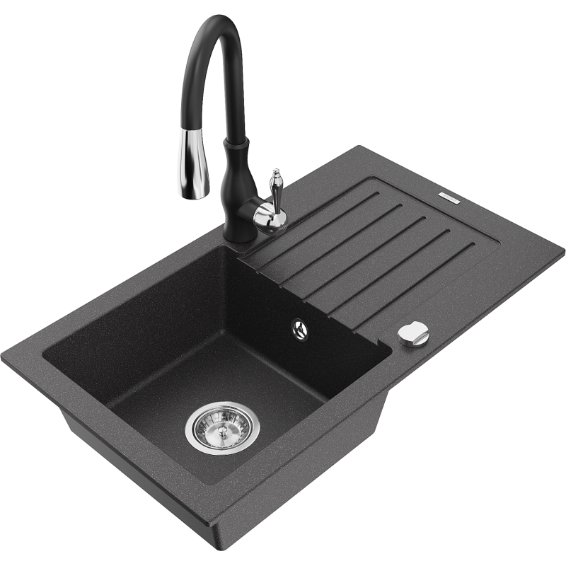 Mexen Pablo žulový dřez 1-komorový s odkapávačem a kuchyňskou baterií Savita, černý s tečkami - 6510-76-672601-70