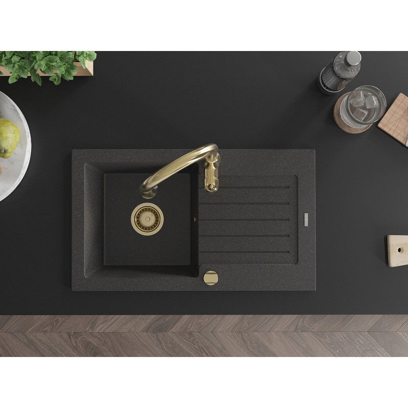 Mexen Pablo granitový dřez s 1 komorou, odkapávačem a kuchyňskou baterií Savita, černý s tečkovaným vzorem - 6510-76-672601-50