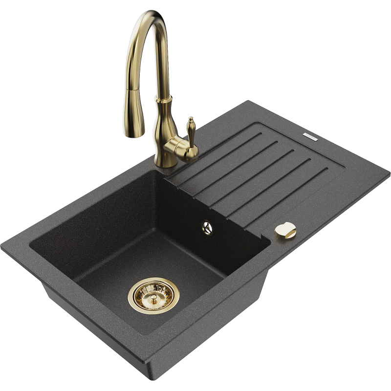 Mexen Pablo granitový dřez s 1 komorou, odkapávačem a kuchyňskou baterií Savita, černý s tečkovaným vzorem - 6510-76-672601-50