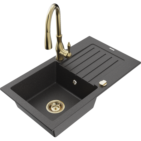 Mexen Pablo granitový dřez s 1 komorou, odkapávačem a kuchyňskou baterií Savita, černý s tečkovaným vzorem - 6510-76-672601-50