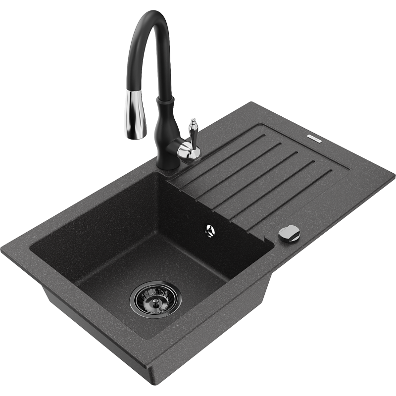 Mexen Pablo granitový dřez, 1-komorový s odkapávačem a kuchyňskou baterií Savita, černý kropenatý - 6510-76-672601-70-B