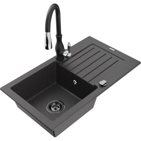 Mexen Pablo granitový dřez, 1-komorový s odkapávačem a kuchyňskou baterií Savita, černý kropenatý - 6510-76-672601-70-B