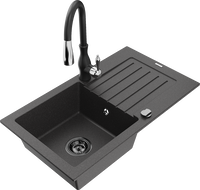 Mexen Pablo granitový dřez, 1-komorový s odkapávačem a kuchyňskou baterií Savita, černý kropenatý - 6510-76-672601-70-B