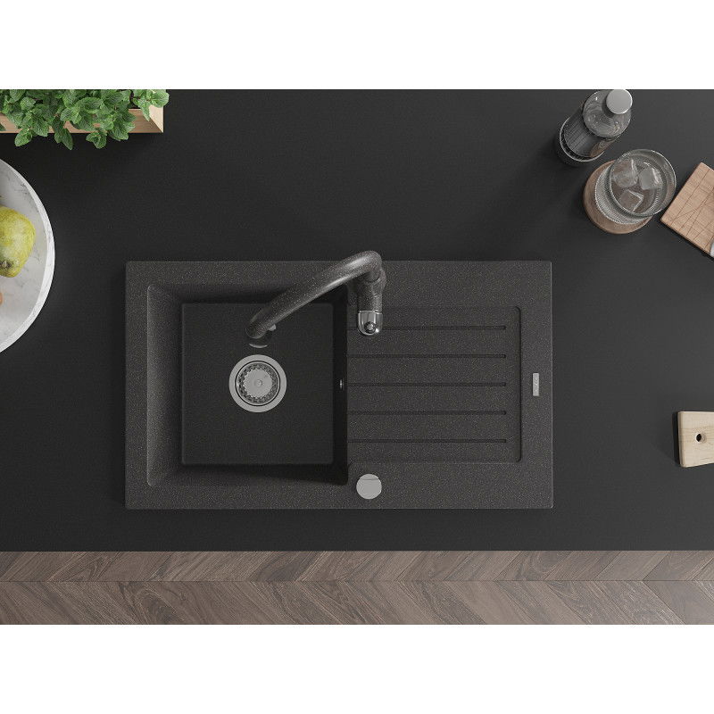 Mexen Pablo granitový dřez 1-komorový s odkapávačem a kuchyňskou baterií Savita, černý kropenatý - 6510-76-672601-76