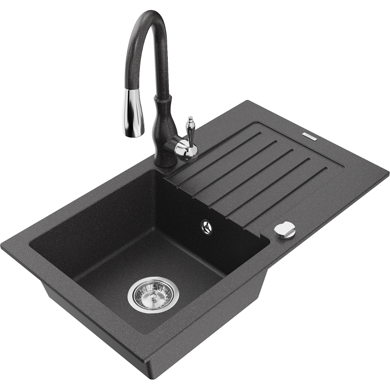Mexen Pablo granitový dřez 1-komorový s odkapávačem a kuchyňskou baterií Savita, černý kropenatý - 6510-76-672601-76