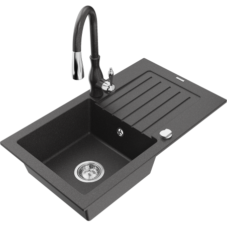 Mexen Pablo granitový dřez 1-komorový s odkapávačem a kuchyňskou baterií Savita, černý kropenatý - 6510-76-672601-76