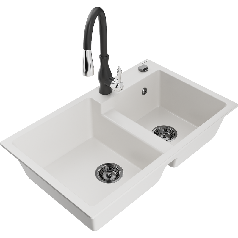 Mexen Tomas dřez granitový 2-komorový s kuchyňskou baterií Savita, bílá - 6516-20-672601-70