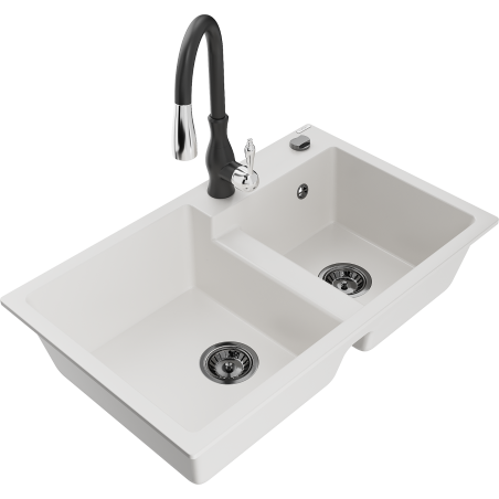Mexen Tomas dřez granitový 2-komorový s kuchyňskou baterií Savita, bílá - 6516-20-672601-70