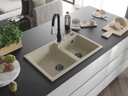 Mexen Tomas granitový dřez 2-komorový s kuchyňskou baterií Savita, béžový - 6516-69-672601-70