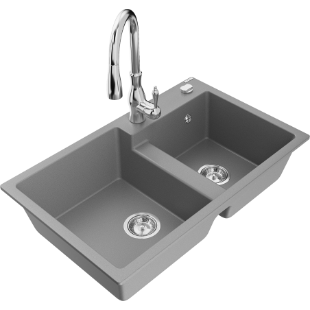 Mexen Tomas dvoukomorový granitový dřez s kuchyňskou baterií Savita, šedý - 6516-71-672601-00