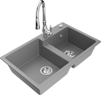Mexen Tomas dvoukomorový granitový dřez s kuchyňskou baterií Savita, šedý - 6516-71-672601-00