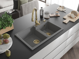 Mexen Tomas granitový dřez 2-komorový s kuchyňskou baterií Savita, šedý - 6516-71-672601-50