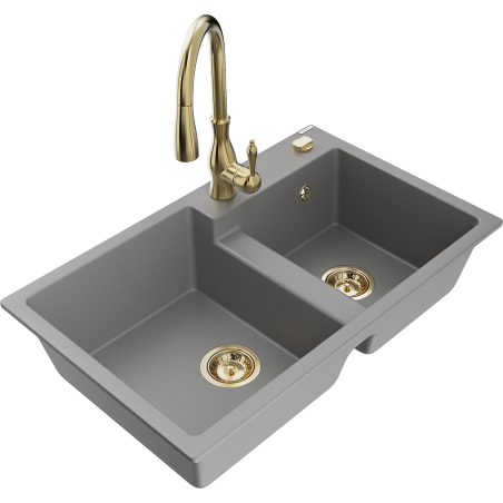Mexen Tomas granitový dřez 2-komorový s kuchyňskou baterií Savita, šedý - 6516-71-672601-50