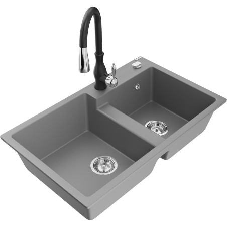 Mexen Tomas dřez granitový 2-komorový s kuchyňskou baterií Savita, šedý - 6516-71-672601-70