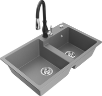 Mexen Tomas dřez granitový 2-komorový s kuchyňskou baterií Savita, šedý - 6516-71-672601-70