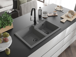 Mexen Tomas dřez granitový dvoukomorový s kuchyňskou baterií Savita, šedý - 6516-71-672601-70-B