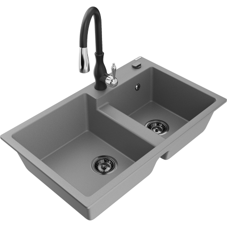 Mexen Tomas dřez granitový dvoukomorový s kuchyňskou baterií Savita, šedý - 6516-71-672601-70-B