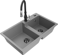 Mexen Tomas dřez granitový dvoukomorový s kuchyňskou baterií Savita, šedý - 6516-71-672601-70-B