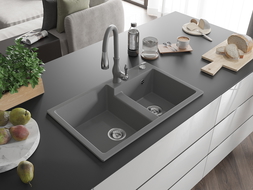 Mexen Tomas granitový dřez 2-komorový s kuchyňskou baterií Savita, šedý - 6516-71-672601-71