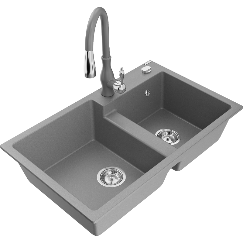 Mexen Tomas granitový dřez 2-komorový s kuchyňskou baterií Savita, šedý - 6516-71-672601-71