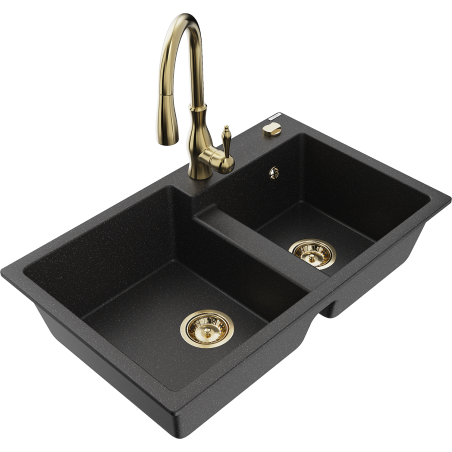 Mexen Tomas dřez granitový 2-komorový s kuchyňskou baterií Savita, černý/stříbrný metalik - 6516-73-672601-50