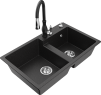 Mexen Tomas granitový dvoukomorový dřez s kuchyňskou baterií Savita, černý/stříbrný metalik - 6516-73-672601-70