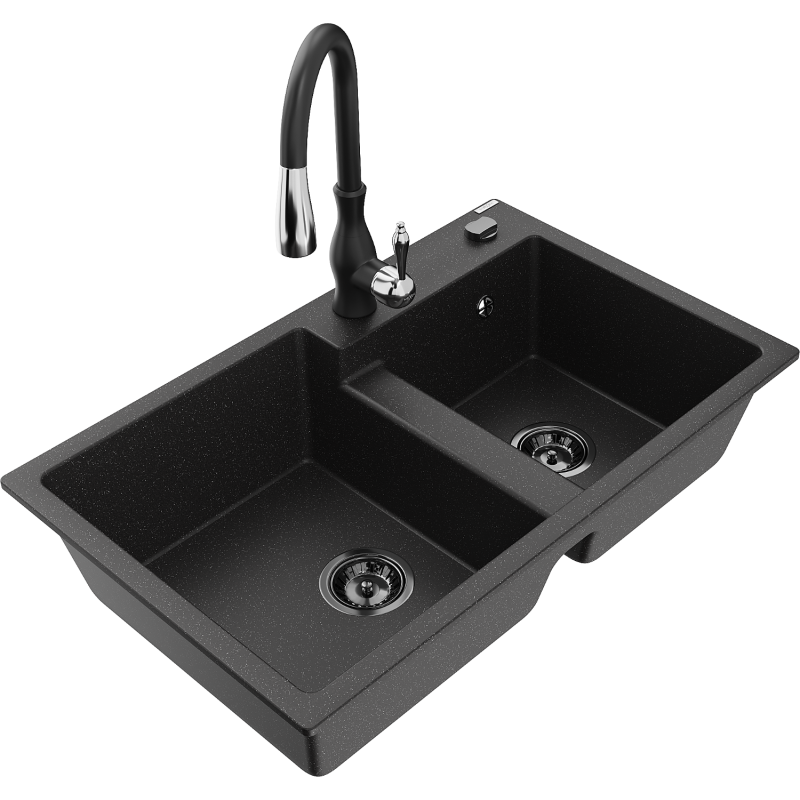 Mexen Tomas granitový dřez 2-komorový s kuchyňskou baterií Savita, černý/stříbrný metalik - 6516-73-672601-70-B