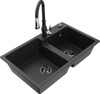 Mexen Tomas granitový dřez 2-komorový s kuchyňskou baterií Savita, černý/stříbrný metalik - 6516-73-672601-70-B