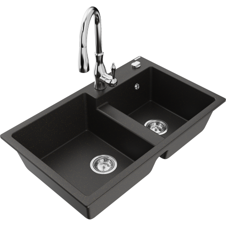Mexen Tomas granitový dřez 2-komorový s kuchyňskou baterií Savita, černý/zlatý metalic - 6516-75-672601-00