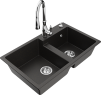 Mexen Tomas granitový dřez 2-komorový s kuchyňskou baterií Savita, černý/zlatý metalic - 6516-75-672601-00