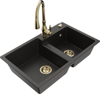 Mexen Tomas dvoukomorový granitový dřez s kuchyňskou baterií Savita, černý/zlatý metalik - 6516-75-672601-50