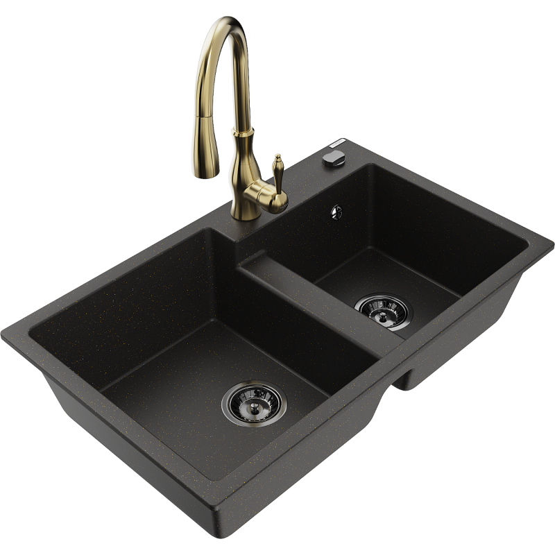 Mexen Tomas dřez granitový 2-komorový s kuchyňskou baterií Savita, černý/zlatý metalik - 6516-75-672601-50-B