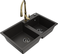 Mexen Tomas dřez granitový 2-komorový s kuchyňskou baterií Savita, černý/zlatý metalik - 6516-75-672601-50-B