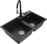 Mexen Tomas granitový dřez 2-komorový s kuchyňskou baterií Savita, černý/zlatý metalik - 6516-75-672601-70