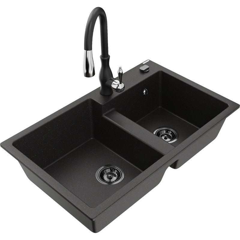 Mexen Tomas granitový dřez dvoukomorový s kuchyňskou baterií Savita, černý/zlatý metalik - 6516-75-672601-70-B