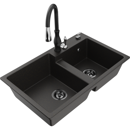 Mexen Tomas granitový dřez dvoukomorový s kuchyňskou baterií Savita, černý/zlatý metalik - 6516-75-672601-70-B