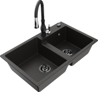 Mexen Tomas granitový dřez dvoukomorový s kuchyňskou baterií Savita, černý/zlatý metalik - 6516-75-672601-70-B