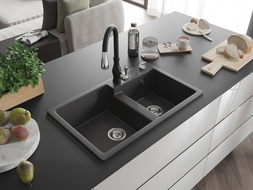Mexen Tomas žulový dvoukomorový dřez s kuchyňskou baterií Savita, černý skvrnitý - 6516-76-672601-70