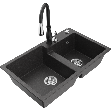 Mexen Tomas žulový dvoukomorový dřez s kuchyňskou baterií Savita, černý skvrnitý - 6516-76-672601-70