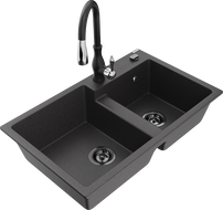 Mexen Tomas žulový dřez 2komorový s kuchyňskou baterií Savita, černý s tečkami - 6516-76-672601-70-B