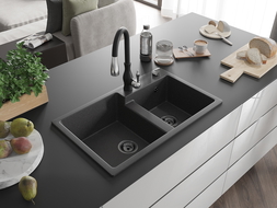 Mexen Tomas žulový dřez 2komorový s kuchyňskou baterií Savita, černý s tečkami - 6516-76-672601-70-B