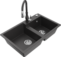 Mexen Tomas dřez granitový 2-komorový s kuchyňskou baterií Savita, černý nakropený - 6516-76-672601-76