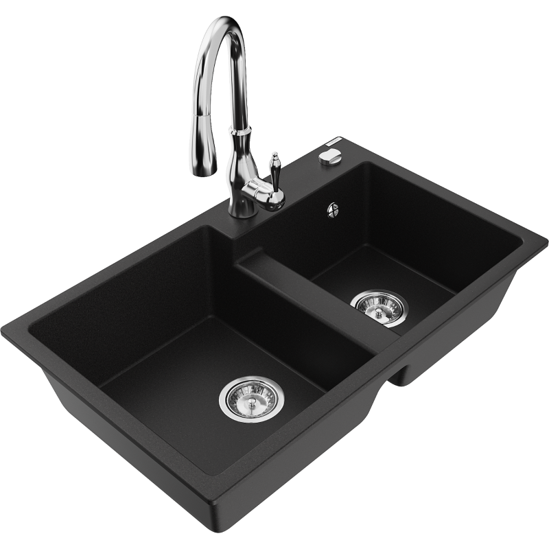 Mexen Tomas granitový dřez 2-komorový s kuchyňskou baterií Savita, černý - 6516-77-672601-00