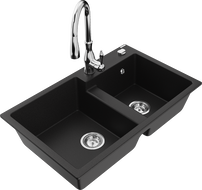 Mexen Tomas granitový dřez 2-komorový s kuchyňskou baterií Savita, černý - 6516-77-672601-00