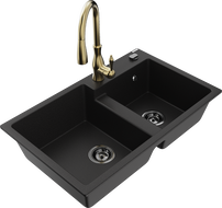 Mexen Tomas žulový dřez 2-komorový s kuchyňskou baterií Savita, černý - 6516-77-672601-50-B