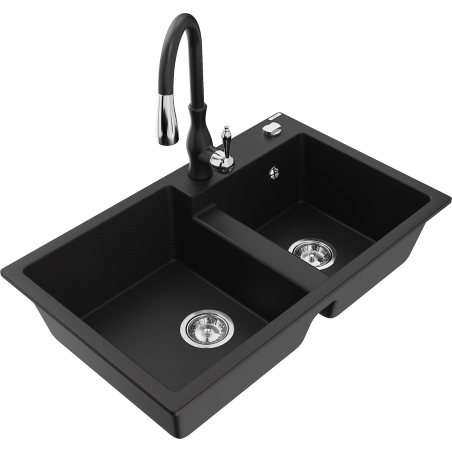 Mexen Tomas granitový dřez 2-komorový s kuchyňskou baterií Savita, černý - 6516-77-672601-70