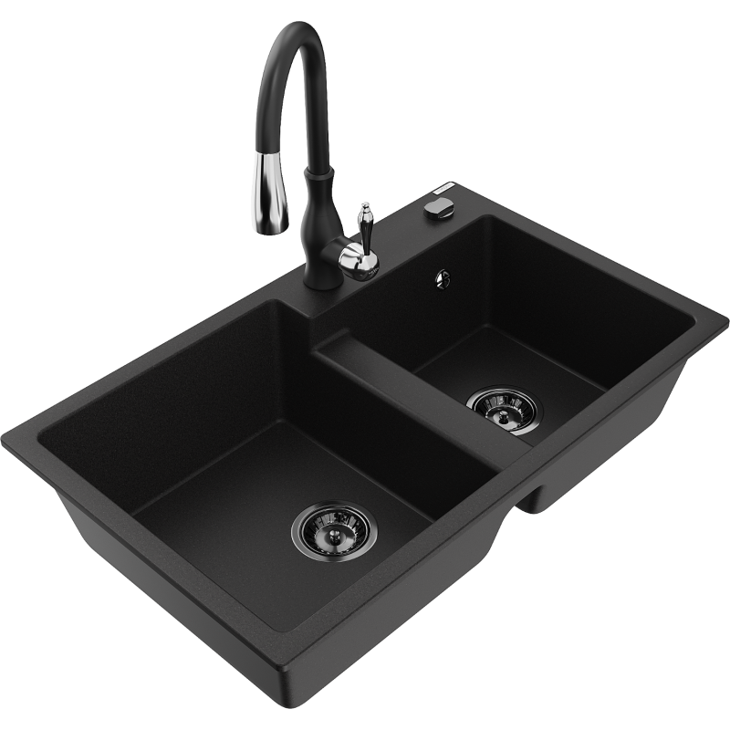 Mexen Tomas žulový dřez dvoukomorový s kuchyňskou baterií Savita, černý - 6516-77-672601-70-B